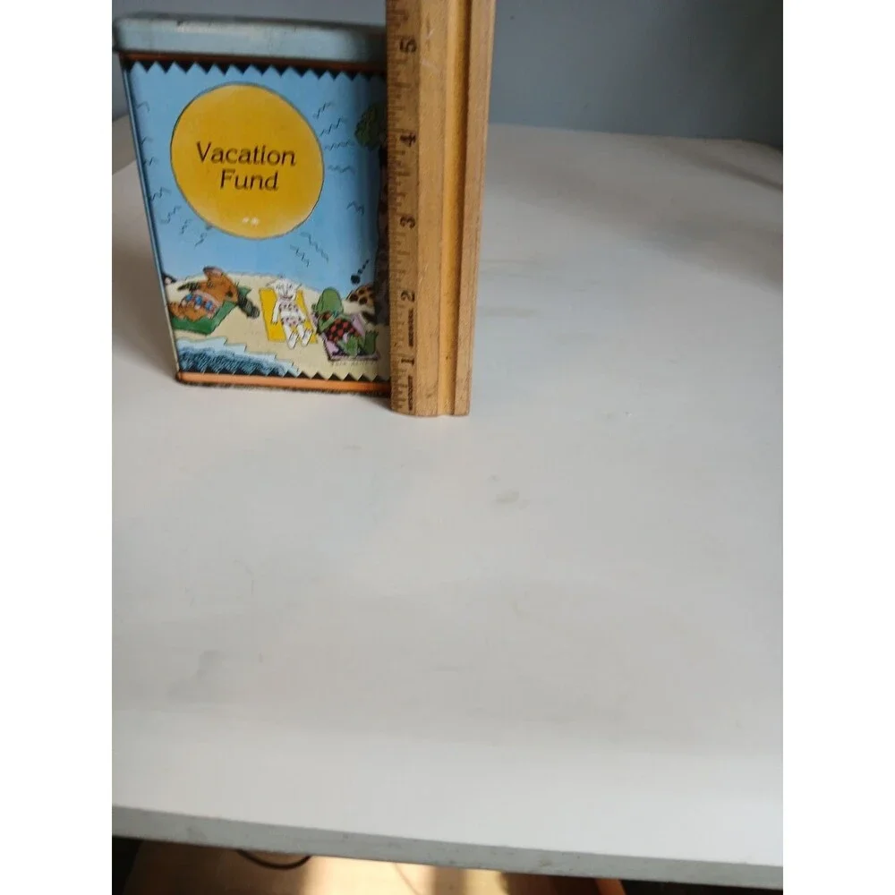 Vintage Tin Metal Coin Bank Vacation Fund Bandaid Box Shape